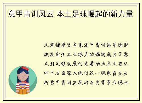 意甲青训风云 本土足球崛起的新力量